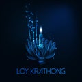 Loy Krathong tai festival poster with floating glowing low poly lotus flower, candle and aroma stick Royalty Free Stock Photo