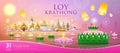 Loy krathong thailand festival, Banana leaf material and pink, green lotus design, on major tourist attractions banner background Royalty Free Stock Photo