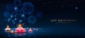 Loy krathong thailand festival, pink lotus flowers, fireworks lighting at night banner poster design on dark blue background