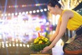 Loy Krathong Traditional Festival, A beautiful Thai woman holds a Krathong ornamental form banana leafs in Loy Krathong