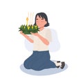 Loy Krathong Traditional Festival. Thai Student girl is sitting and hold krathong up to make a wish before float in river Royalty Free Stock Photo