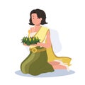 Loy Krathong Traditional Festival. woman in Thai traditional dress is sitting and hold kratong and prepare to bring Krathong to Royalty Free Stock Photo