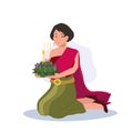Loy Krathong Traditional Festival. woman in Thai traditional dress is sitting and hold kratong and prepare to bring Krathong to Royalty Free Stock Photo