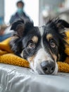 Border collie pet waits on gurney, at vet, for checkup