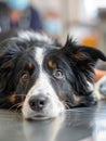 Border collie pet waits on gurney, at vet, for checkup