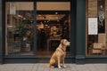 loyal dog patiently waiting for its owner outside a store