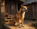 Loyal Dog Standing Guard Outside Wooden House in Village