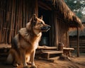 Loyal Dog Standing Guard Outside Wooden House in Village