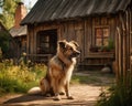 Loyal Dog Standing Guard Outside Wooden House in Village