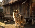 Loyal Dog Standing Guard Outside Wooden House in Village