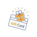Incentive gift, loyalty card, collecting bonus, earn reward, redeem gift, shopping perks, discount coupon, win present, line icon Royalty Free Stock Photo