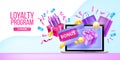 Loyalty program, customer gift card, internet reward vector landing page, laptop, present box, confetti.