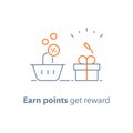 Loyalty program, earn points and get reward, marketing concept, small gift box and shopping basket