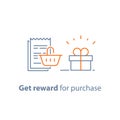 Loyalty program, earn points and get reward, marketing concept, small gift box and till slip with shopping basket Royalty Free Stock Photo