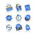 Loyalty program icon set, earn bonus points, discount coupon, limited time period, cash back