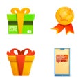 Loyalty program icons set cartoon vector. Medal gift box and smartphone