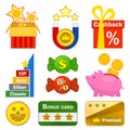 Loyalty program icons set cartoon vector. Reward earn bonus Royalty Free Stock Photo