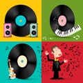 LP - Vinyl Record Discs with Speakers, Piano Keyboard, Violin and Singer. Royalty Free Stock Photo