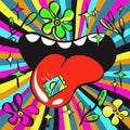Lsd psychedelic illustration, acid mark on tongue, bright colours Royalty Free Stock Photo