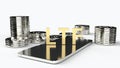 Ltf on mobile and gold coins 3d rendering for business content