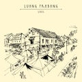 Luang Prabang, Laos, Southeast Asia. Vintage hand drawn touristic postcard in vector