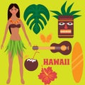 Luau party design elements, tropical rest, time off on Hawaii islands, exotic vacation, summer weekend, Girl dancing hula, hawaiia