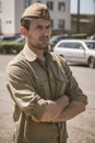 LUBAN, BELARUS - MAY 9, 2015: Portrait of a man in the uniform of a Soviet soldier during the Second World War Royalty Free Stock Photo