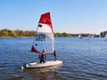 LUBECK, GERMANY - APRIL 21, 2018: Child on sailing boat