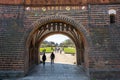 Entrance arch of the Lubeck Holstentor (Holsten gate), famous historic landmark in gothic brick