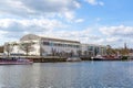 Lubeck, Germany, April 11, 2022: Music and Congress Hall called MuK in Lubeck on the river Trave, modern building by Meinhard von
