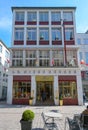 Lubeck, Germany, April 17, 2023: Niederegger house, popular Luebeck marzipan in the traditional building with store, cafe and