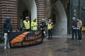 Lubeck, Germany, September 09, 2020: Police und demonstrators in preparation talk for the demonstration march in Luebeck against