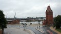 Lubeck, Germany - 07/26/2015 - Top view of historic lift bridge and river