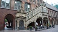 Lubeck, Germany - 07/26/2015 - View of historic Town Hall stairs and empty street, beautiful architecture