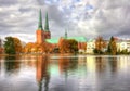 Lubeck, old town reflected in Trave river Royalty Free Stock Photo