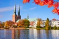 Lubeck old town reflected in Trave river, old town Royalty Free Stock Photo
