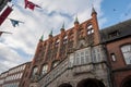 Lubeck Town Hall Renaissance staircase and Long House from Breiten Strasse - Lubeck, Germany Royalty Free Stock Photo