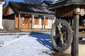 Lublin, Poland. 08 February 2023. old shops and historic well in market square in provincial town in Poland as seen in