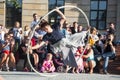 LUBLIN, POLAND- 29 july 2017- street performer dancing wit the wheel at Carnaval Sztukmistrzow Festival placed in city space of Lu