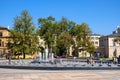 Lublin, Poland - Panoramic view of Plac Litewski square with multimedia fountain in historic old town quarter Royalty Free Stock Photo