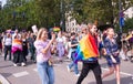 Lublin, Poland. 02 September 2023. Young homosexual people march with rainbow flags and equality banners at pride parade in