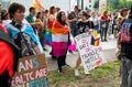 Lublin, Poland. 02 September 2023. Young homosexual people march with rainbow flags and equality banners at pride parade in