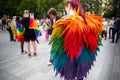 Lublin, Poland. 02 September 2023. Young homosexual people march with rainbow flags and equality banners at pride parade in