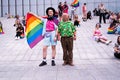 Lublin, Poland. 02 September 2023. Young homosexual people march with rainbow flags and equality banners at pride parade in