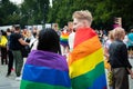 Lublin, Poland. 02 September 2023. Young homosexual people march with rainbow flags and equality banners at pride parade in