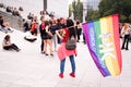 Lublin, Poland. 02 September 2023. Young homosexual people march with rainbow flags and equality banners at pride parade in