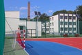 Lubno, Poland - july 9 2018:An open stadium in the courtyard of a village school. Eduction of the younger generation. Sports groun