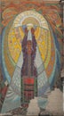 Lubny, Poltava Ukraine - Jule 1, 2022 : Soviet mosaic closeup detail. Detail of old antique mosaic. Typical plot of street art of