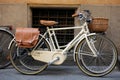 LUCCA, ITALY - MAY 2011: Bicycles parked on medieval streets of Lucca city. Province of Lucca, Tuscany, Italy Royalty Free Stock Photo