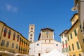 Lucca, Italy, September 14, 2018: Facade of Chiesa di San Frediano catholic church on Piazza San Frediano